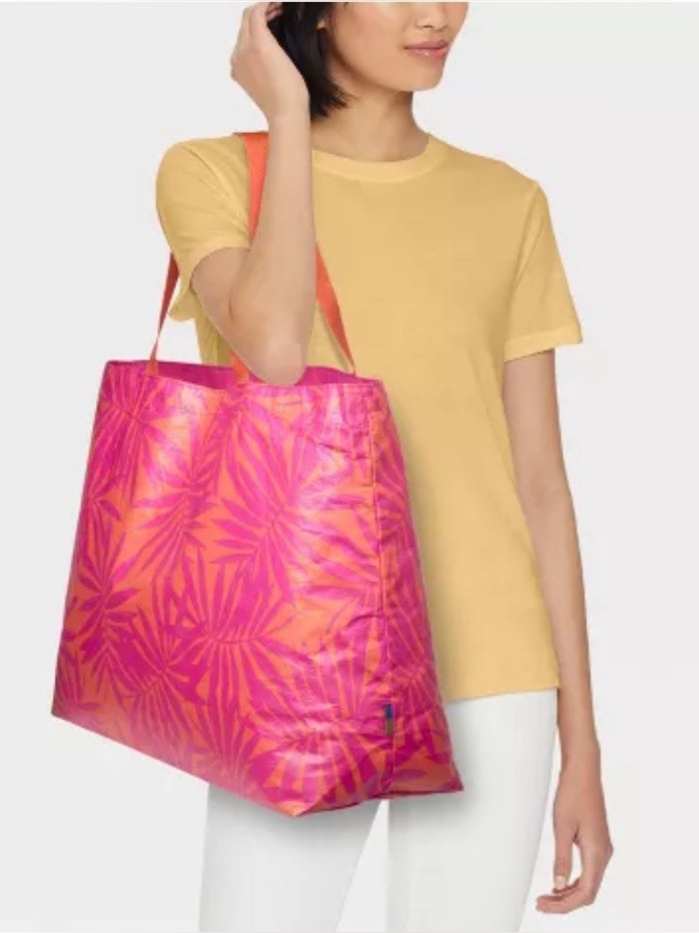 Reversible water resistant tote beach bag reusable grocery pink palm trees
